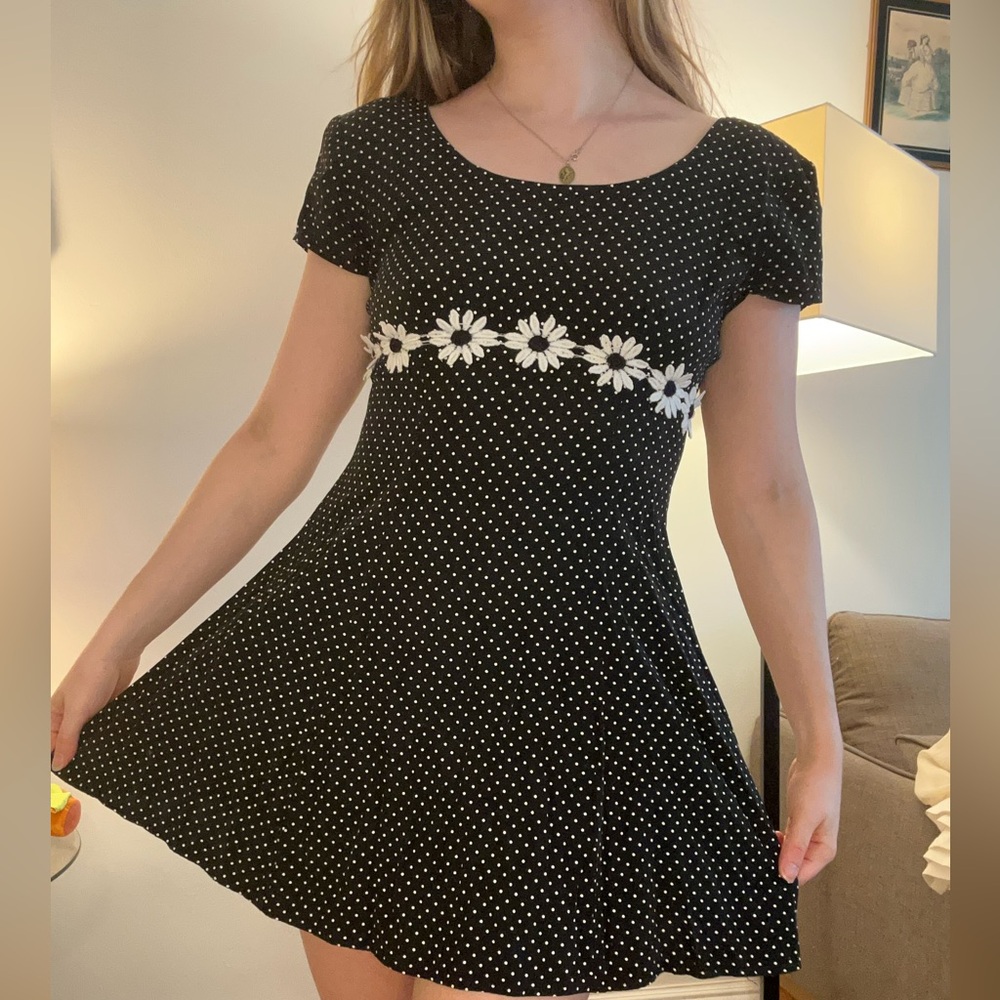 90s Black Polka Dot Dress with Floral Detail